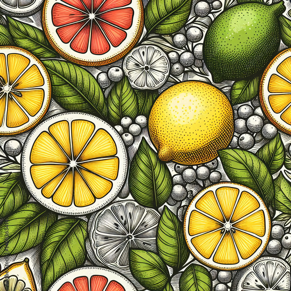 orange and lemon patérn with green leaves orange and lemon patérn with green leaves