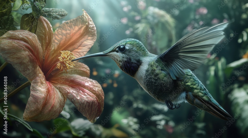Fototapeta premium A beautiful hummingbird is near to a blooming flower