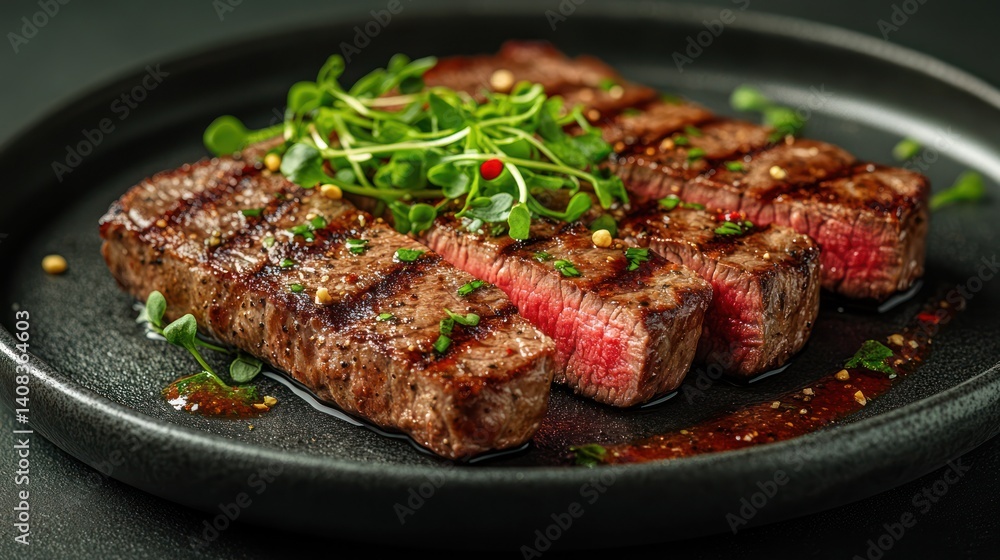 Grilled beef slices with herb garnish Grilled beef slices with herb garnish