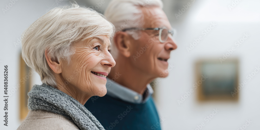 Obraz premium An old man and woman, a couple of joyful retirees in an art gallery looking at a painting