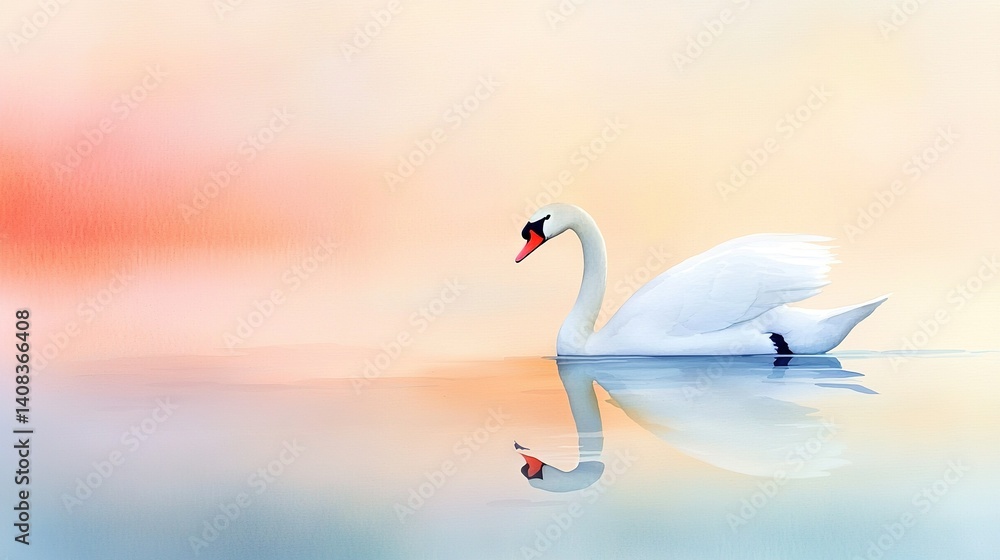 Fototapeta premium A white swan floats on water against a red-yellow backdrop, reflecting its head below