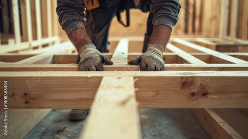 Carpenter constructing a wooden frame for a house. Featuring craftsmanship and expertise