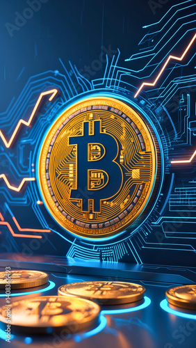 Bitcoin cryptocurrency, featuring its iconic golden coin with a sleek, 3D design, set against a dark blue or black background to represent the digital realm