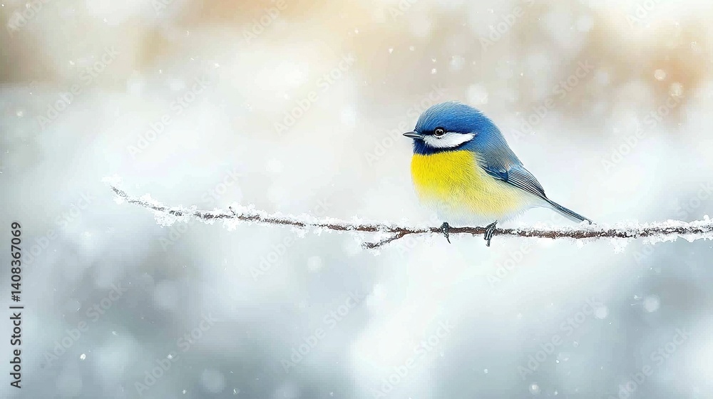 A blue-yellow bird perched atop a winter-covered forest tree, amidst snowfall A blue-yellow bird perched atop a winter-covered forest tree, amidst snowfall