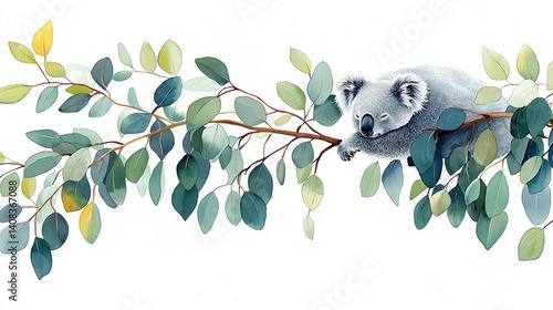   Koala Bear in Tree - A beautifully painted koala bear resting atop a leaf-filled tree branch against a crisp white backdrop