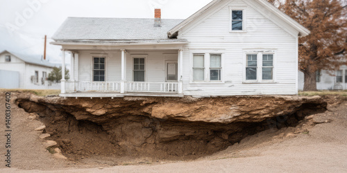 The crumbling foundation of the house. Exposed house foundation with soil erosion. 