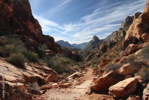 A rugged desert canyon with red rocks, a deep blue sky, and a narrow trail leading through the rocky terrain