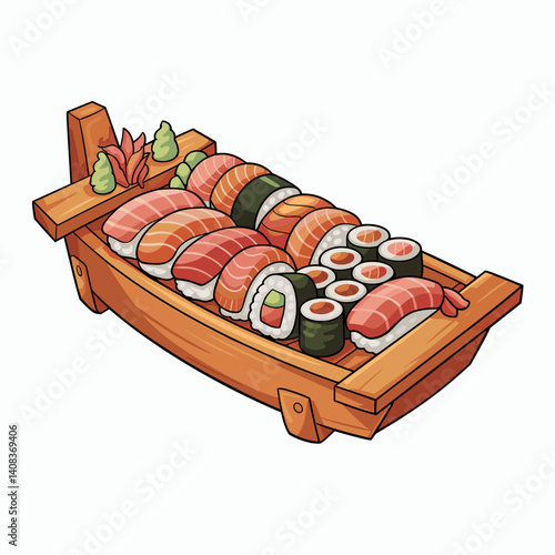 Sushi Boat with Nigiri and Maki Rolls Illustration