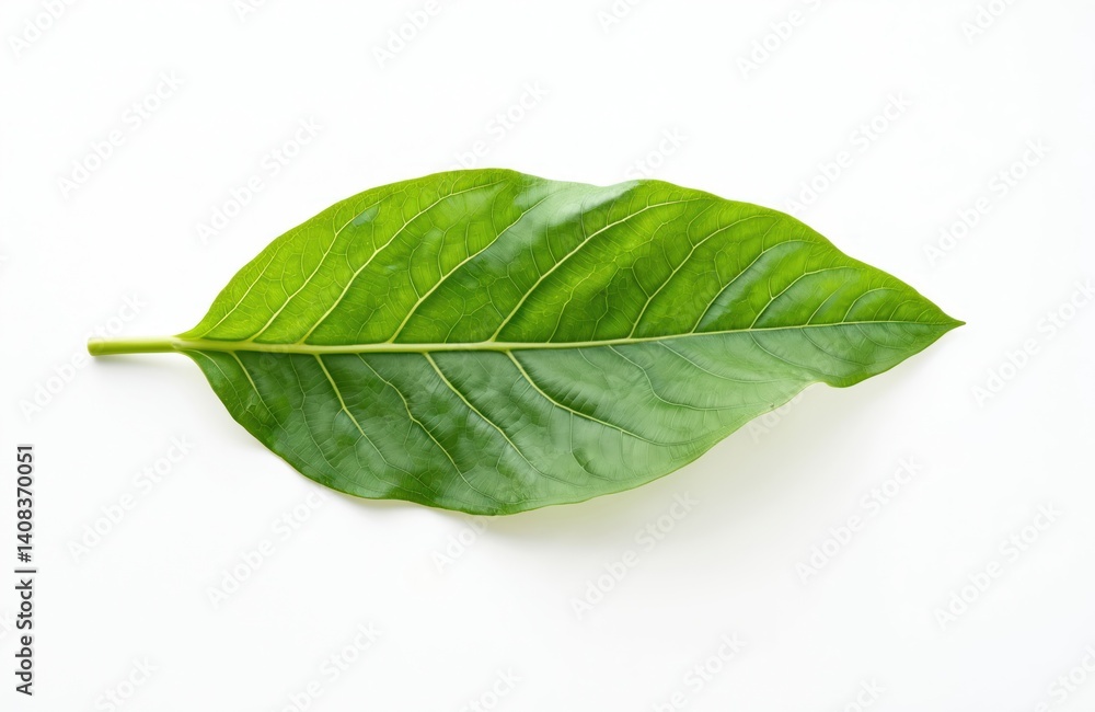 Obraz premium Large green horseradish leaf isolated on white background. Fresh plant detail shows texture, veins, stem. Healthy raw ingredient for food, culinary, herbal medicine, nature, ecology concepts.