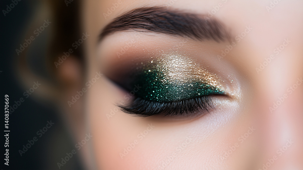 Fototapeta premium Glamorous Metallic Eyeshadow Close-Up with Green, Gold and Purple Tones