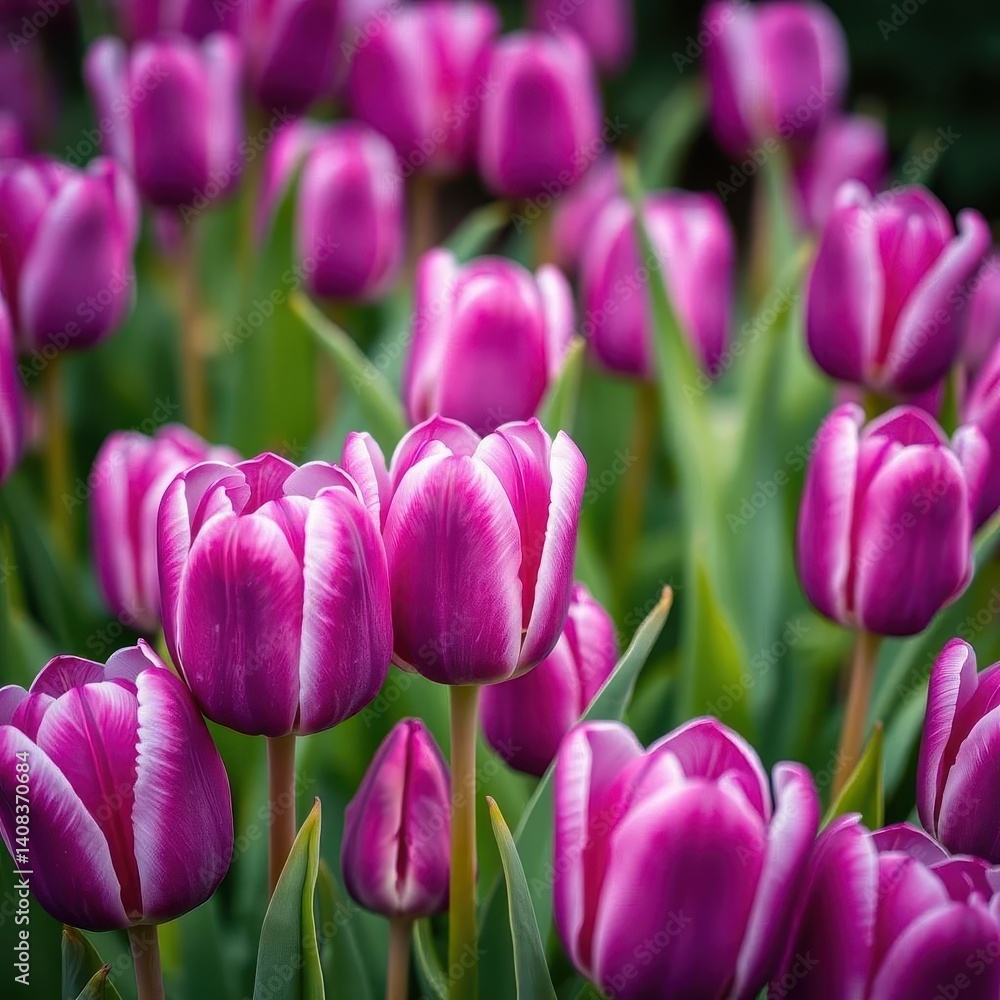 Obraz premium Vibrant purple tulips in full bloom, close-up, purple petals, Holland, Netherlands