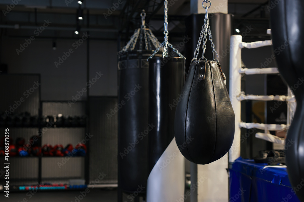 Obraz premium Punching bags near boxing ring indoors. Space for text