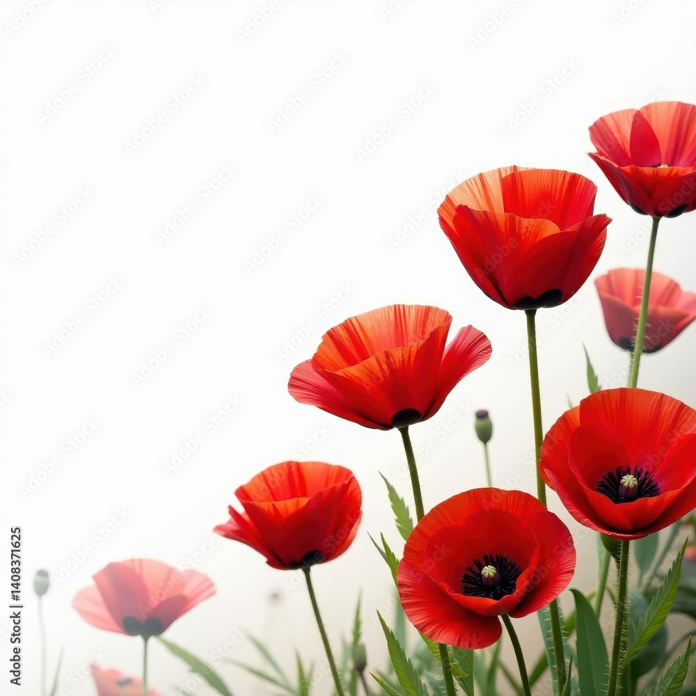 Fototapeta premium A cluster of scarlet poppies, stems visible, stark white backdrop , wild poppies, nature