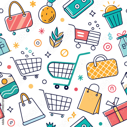 Shopping Pattern with Bags, Carts, and Gifts