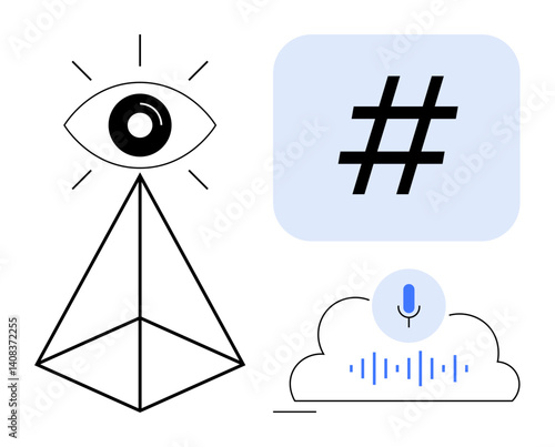 Eye symbolizes vision, pyramid represents structure, metadata tag emphasizes trends, microphone with soundwave highlights communication and technology. Ideal for innovation, data, strategy