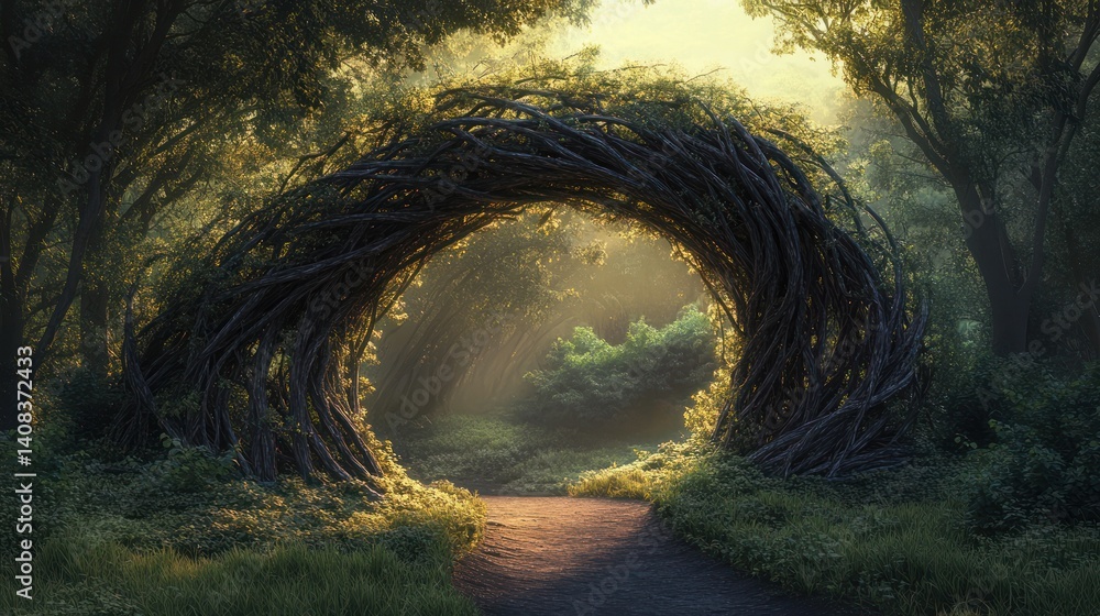 A mystical archway of interwoven branches leads into a sun-drenched forest. A mystical archway of interwoven branches leads into a sun-drenched forest.