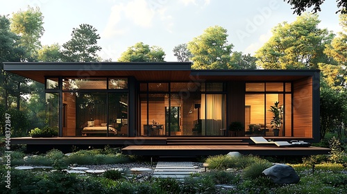 Fototapeta Naklejka Na Ścianę i Meble -  Contemporary wooden home exterior design with warm lighting high resolution image