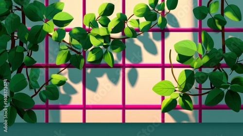 Low Poly Green Leaves on Pink Grid Background