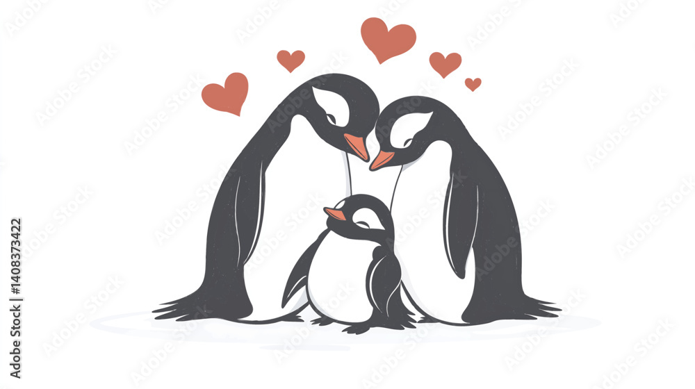 Obraz premium Cute Penguin Family with Baby Chick and Hearts in Adorable Love Illustration Vector Art Design