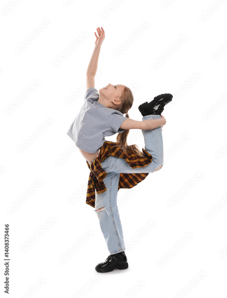Girl in stylish clothes dancing on white background