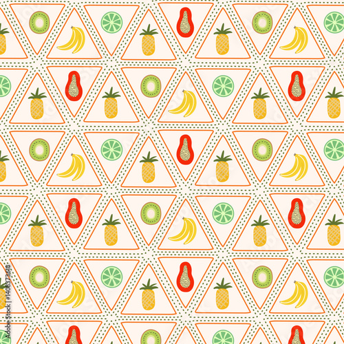 Summer fruit seamless pattern with pineapples, papaya, kiwi, bananas. Tropical bright background.