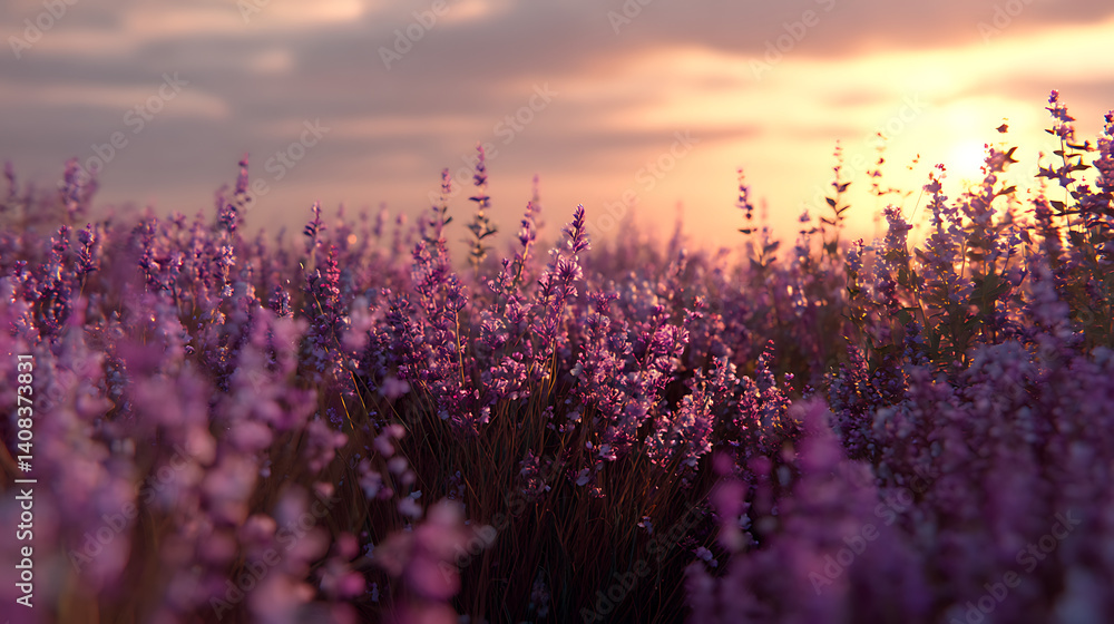 Naklejka premium A serene lavender field under a golden sunset, with purple flowers in full bloom and the air filled with a gentle breeze