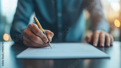 Business professional signing important documents in modern office environment captured in gigapixel clarity