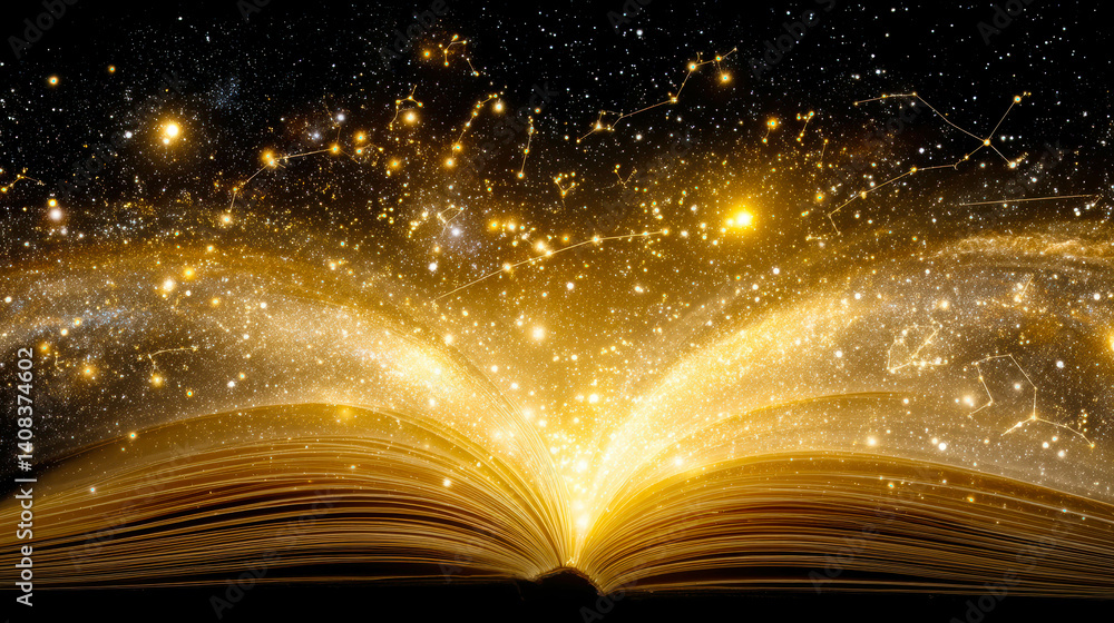 Galaxy spirals emerge from glowing pages of a mystical book filled with starlight and constellations Galaxy spirals emerge from glowing pages of a mystical book filled with starlight and constellations