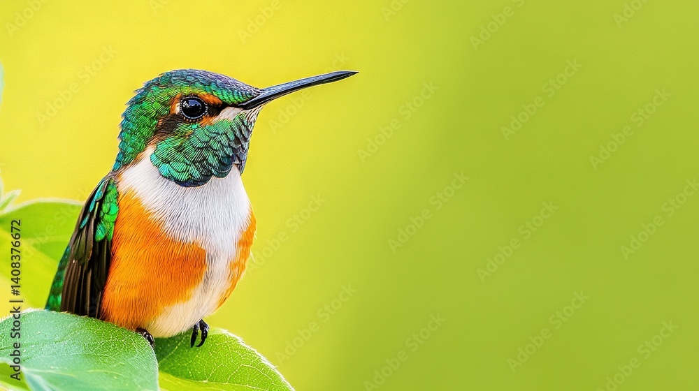 Fototapeta premium A vibrant bird sat atop a lush green branch against a radiant yellow backdrop
