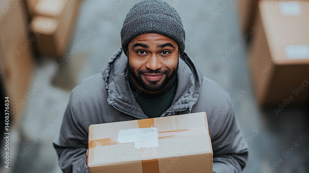 Man smiles holding package delivery box wearing winter hat and jacket in warehouse Man smiles holding package delivery box wearing winter hat and jacket in warehouse