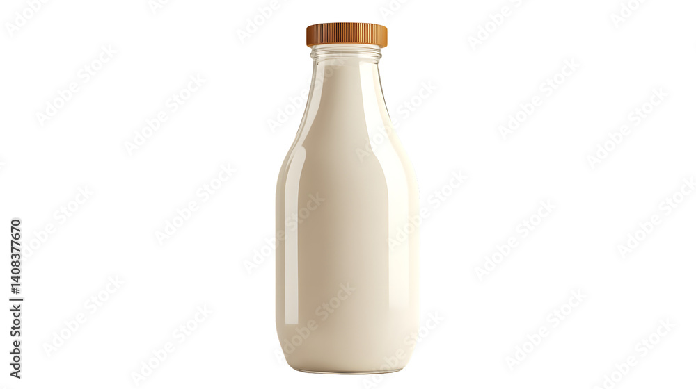 A glass bottle filled with milk featuring a golden cap ideal for health and nutrition concept A glass bottle filled with milk featuring a golden cap ideal for health and nutrition concept