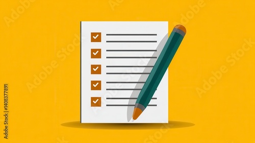 Checklist with Pen on Yellow Background Minimalist Flat Design Illustration