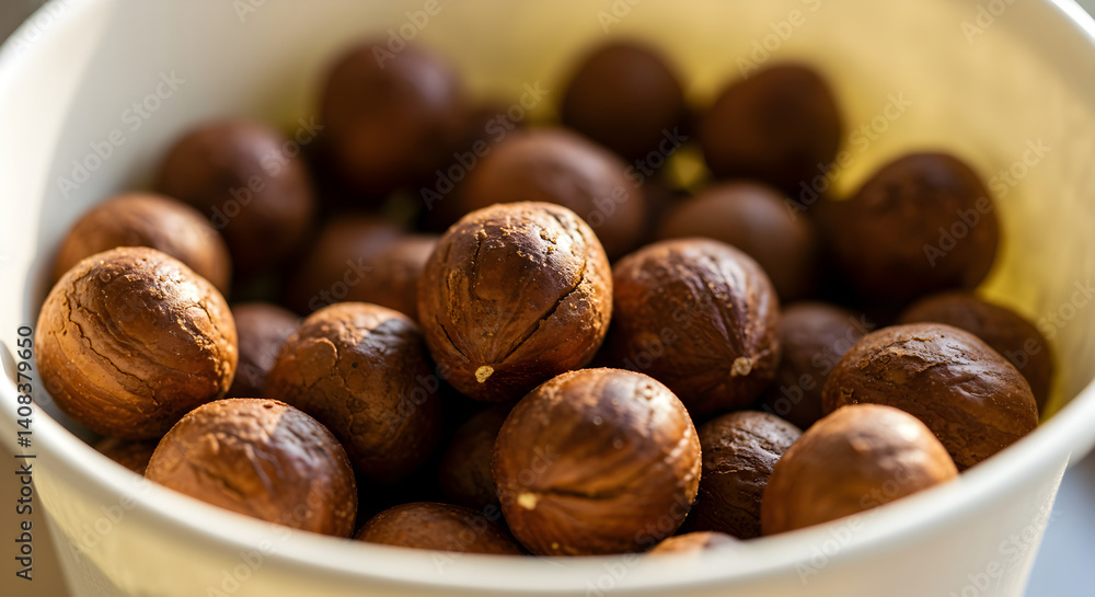 Abundance Of Hazelnuts Displayed In A White Container Under Natural Light Abundance Of Hazelnuts Displayed In A White Container Under Natural Light