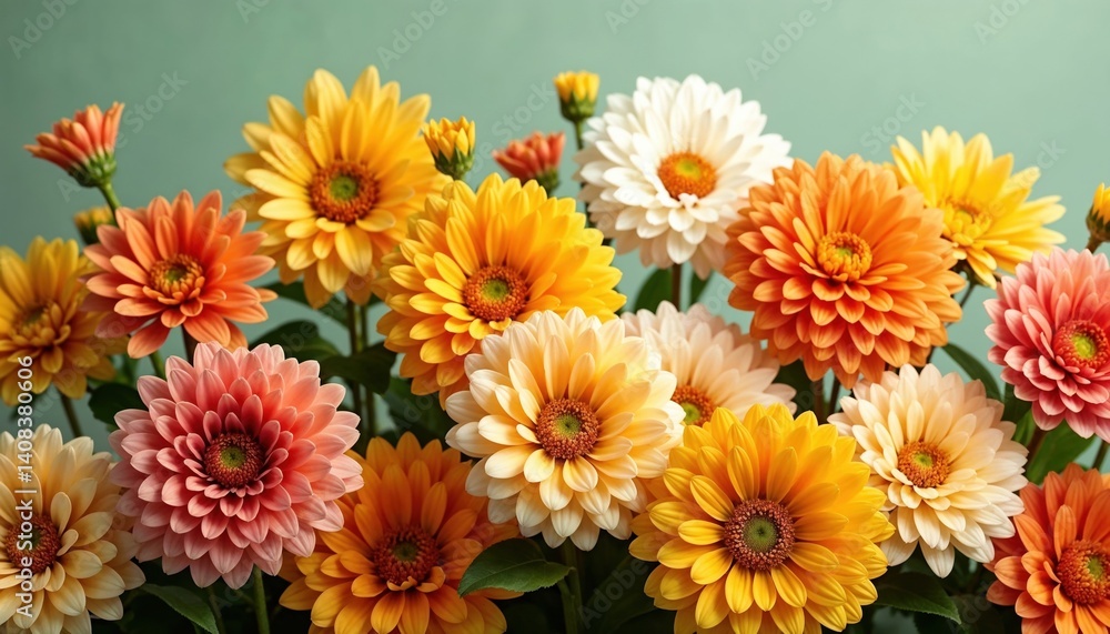 Bright orange flowers with green leaves and stems on a soft muted green background, greeting card for spring holidays Bright orange flowers with green leaves and stems on a soft muted green background, greeting card for spring holidays