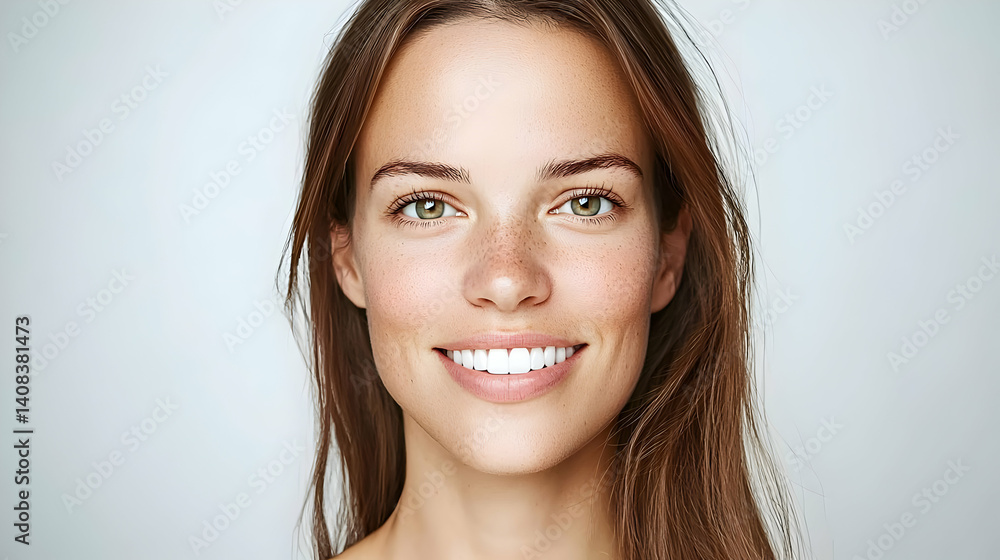 Close Up Portrait Of Young Woman With Freckles Smiling And Looking At Camera With Natural Lighting Close Up Portrait Of Young Woman With Freckles Smiling And Looking At Camera With Natural Lighting