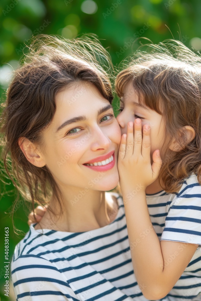 Fototapeta premium Happy child whispering a secret to her smiling mother in a park