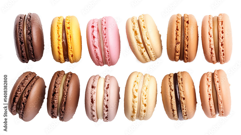 A row of pastries with different colors and flavors. The pastries are arranged in a row, with some being chocolate and others being vanilla. Concept of variety and abundance