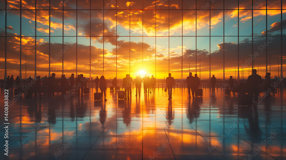 Obraz premium Airport Sunset Silhouettes Golden Hour Travel Scene with Luggage, Dramatic View.