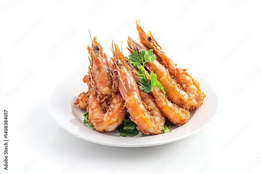 Fried shrimp with a pocket on a white plate, isolated in a studio setting with a white background, commercial photography, food photograph. Fried shrimp with a pocket on a white plate, isolated in a studio setting with a white background, commercial photography, food photograph.