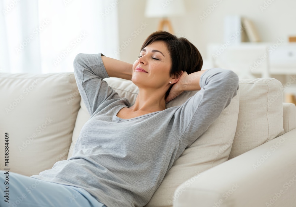 A relaxed woman rests on a couch, enjoying a moment of peace and tranquility indoors with a smile. A relaxed woman rests on a couch, enjoying a moment of peace and tranquility indoors with a smile.
