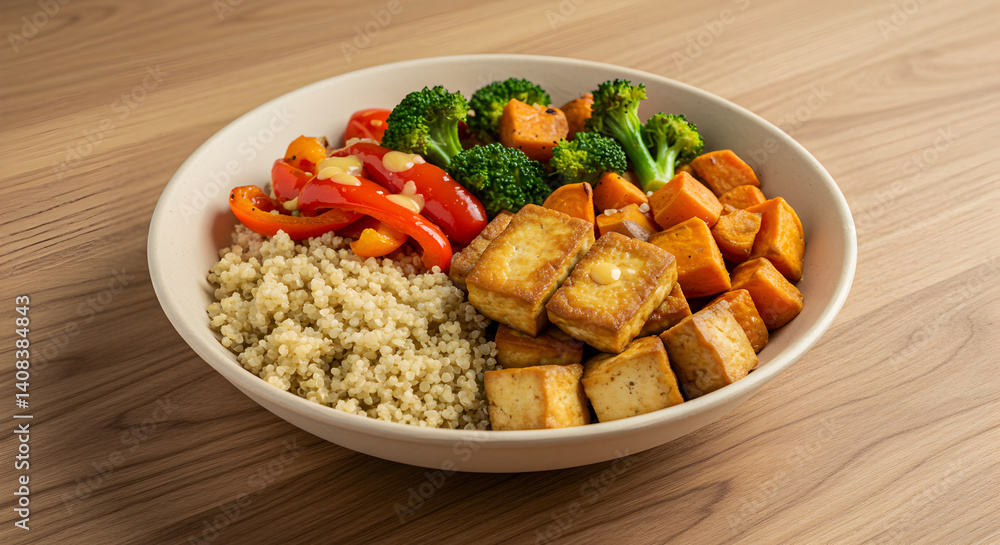 Plant Based Wellness Bowl Featuring Tofu Quinoa Sweet Potatoes And Broccoli Plant Based Wellness Bowl Featuring Tofu Quinoa Sweet Potatoes And Broccoli