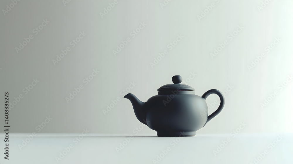 A black teapot sits on a white table. The pot is empty, and the lid is closed. The concept of calm and relaxation, as the teapot is a symbol of a warm beverage that is often associated with leisure A black teapot sits on a white table. The pot is empty, and the lid is closed. The concept of calm and relaxation, as the teapot is a symbol of a warm beverage that is often associated with leisure