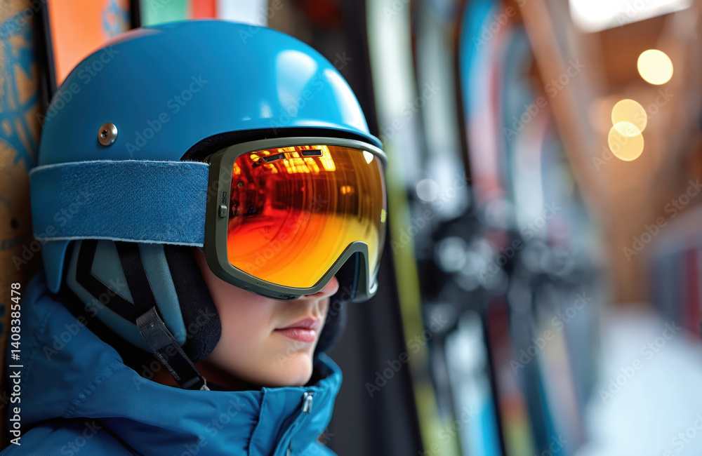 Skier face in blue helmet with ski goggles. Winter sport protection gear. Ready for alpine skiing, snowboarding at snow resort. Portrait with skis in blurred background, winter activity. Skier face in blue helmet with ski goggles. Winter sport protection gear. Ready for alpine skiing, snowboarding at snow resort. Portrait with skis in blurred background, winter activity.