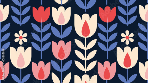 Retro Floral Pattern with Tulips and Daisies on Dark Blue