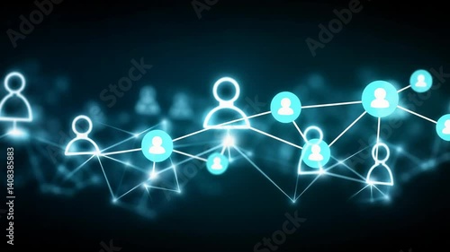 Abstract connection network with human icons, glowing blue, linking people and sharing information digitally on a dark background