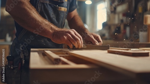 Carpenter installing kitchen cabinets in a newly constructed home. Featuring craftsmanship and attention to detail