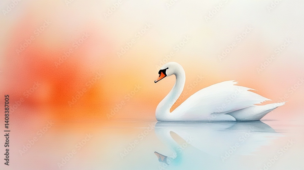 Fototapeta premium A white swan floats atop a water body with red and yellow background, and a bird in its beak