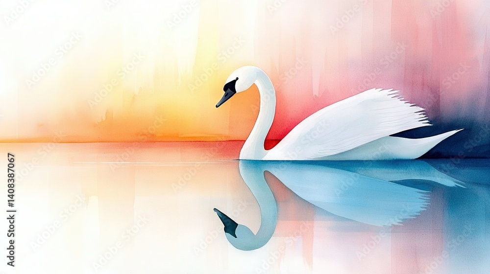 Obraz premium A white swan gracefully floats on a serene lake beside a towering building, illuminated by a brilliant red light on its side
