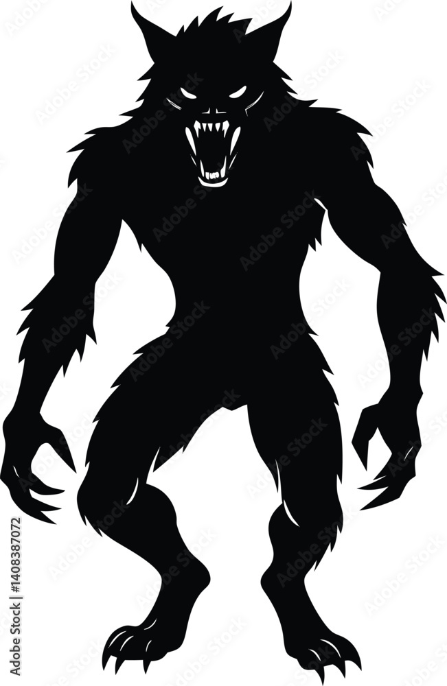 Fototapeta premium Silhouette of a Werewolf in a Fearsome Stance Displaying Sharp Teeth and Claws