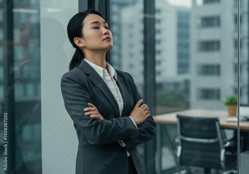 Asian businesswoman takes a moment of calm reflection in a modern office setting, looking at peace. Asian businesswoman takes a moment of calm reflection in a modern office setting, looking at peace.